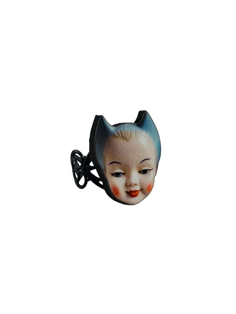 Vintage Style Kitsch Doll Face Blue Cat Ears Ring – Adjustable Filigree Band